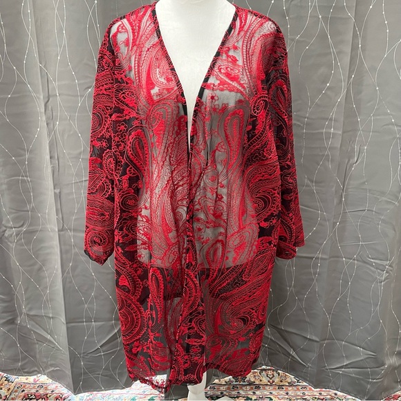 Catherine’s Tops - Catherines 3X Red Black Paisley Mesh Open Cardigan Jacket Vend Style 3/4 Sleeve
